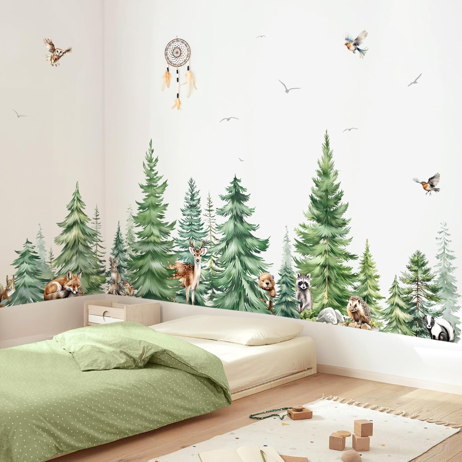 Baby Nursery Plants - Large Watercolor Pine Tree Animals Wall